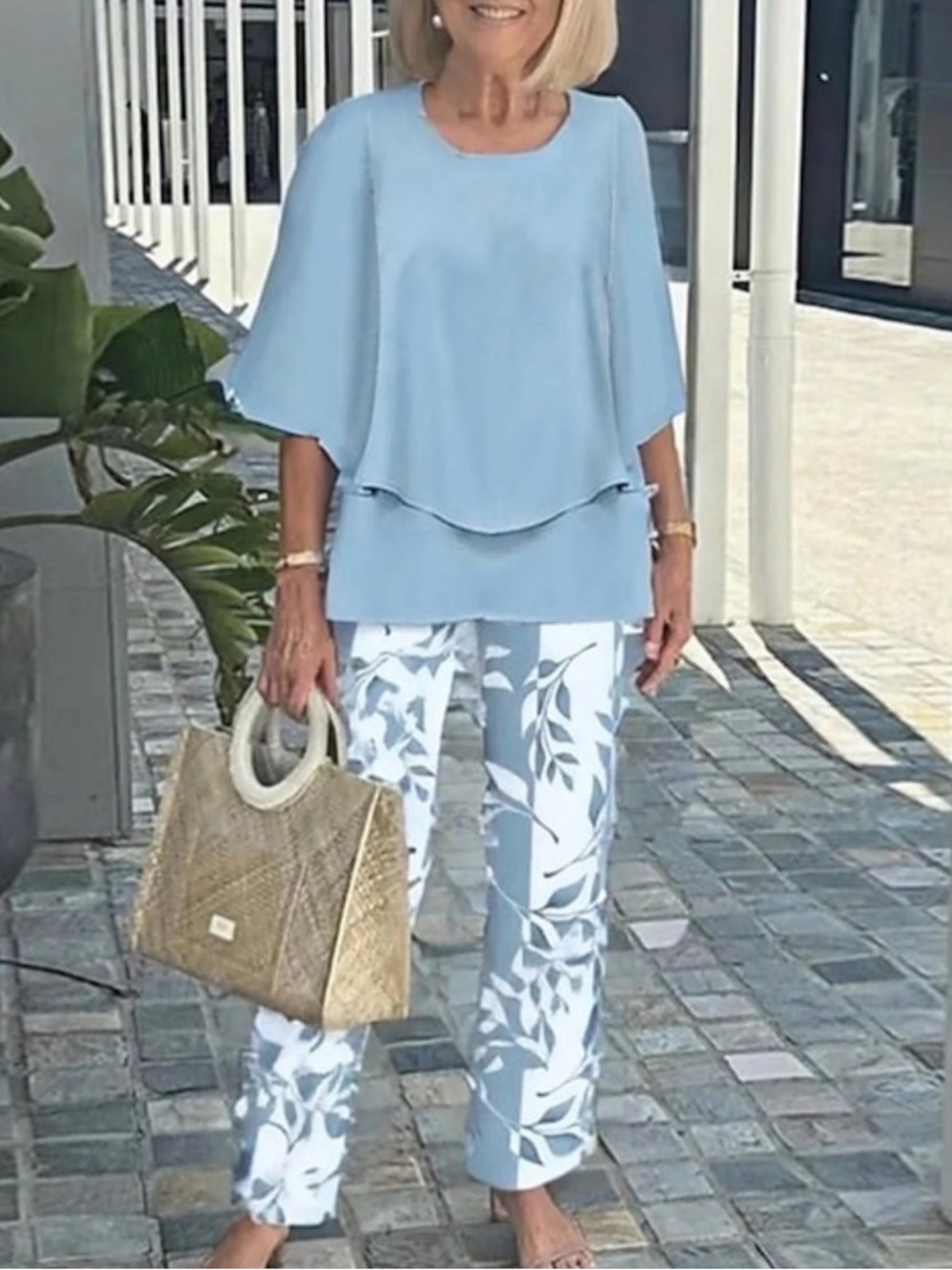 Light Blue Floral Print Wide-Leg Pants - Elegant Women's Jumpsuit Separates